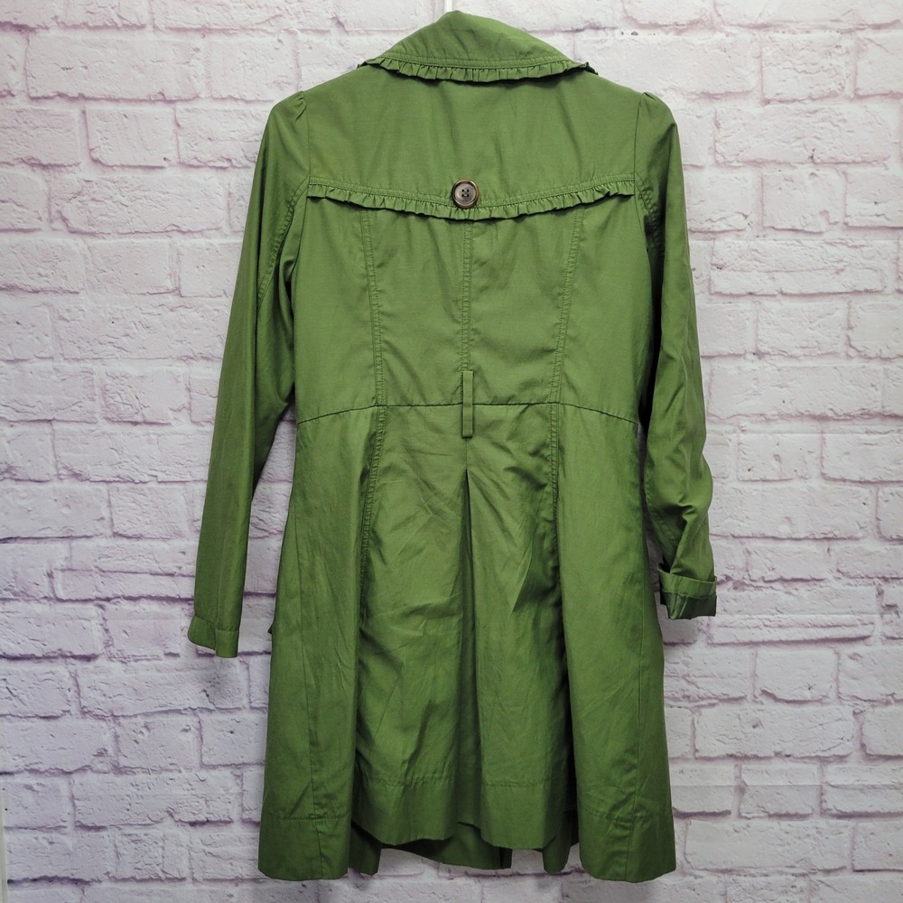Ambition Green Trench Coat S Ruffle Collar Button Front‎ Cottagecore Preppy Chic - Picture 2 of 10